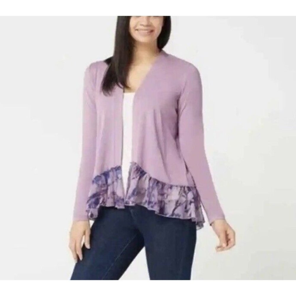 LOGO Lori Goldstein Purple Chiffon Ruffle Hem Jersey Cardigan Sweater Womens XL
